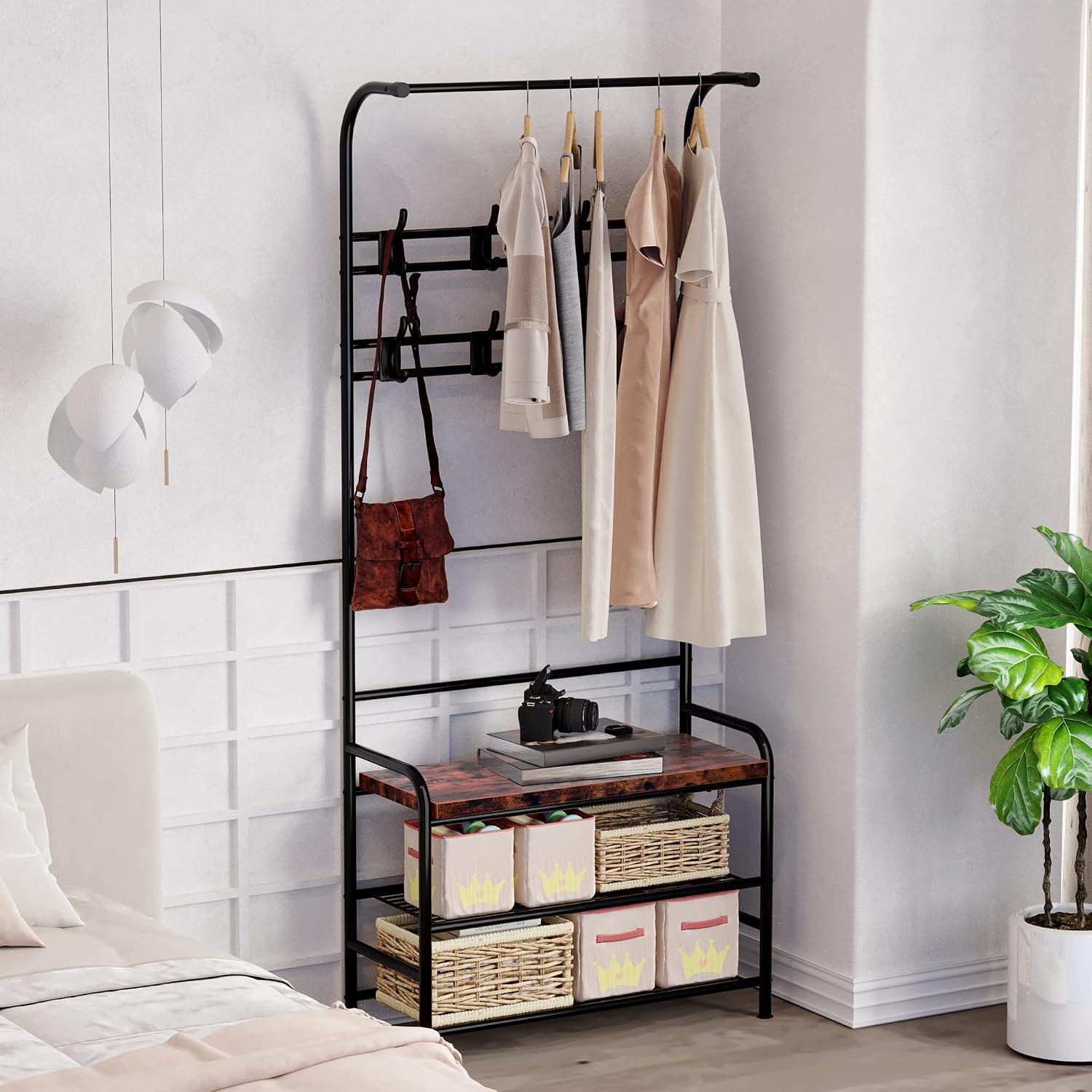 Alkmaar Entryway Bench with Coat Rack, Retro Brown, Made of Engineered Wood, 23.5" L x 11.8" W x 70.7" H