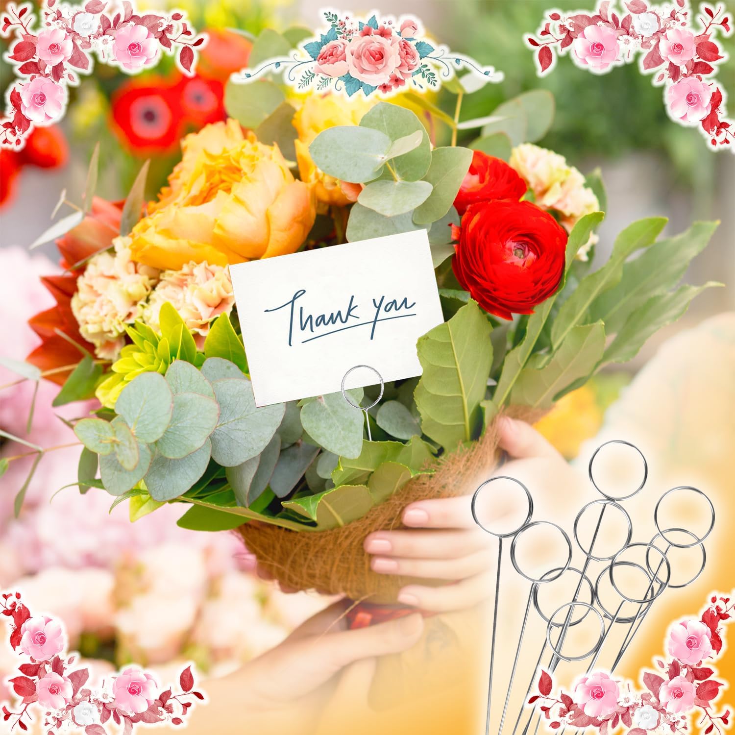 30 Pcs Metal Wire Floral Picks 13 Inch Wire Place Card Holder, Metal Table Name Number Clips Picture Stand, Round Photo Memo Flower Card Holder for Wedding Party Birthday Cake (Silver Round)