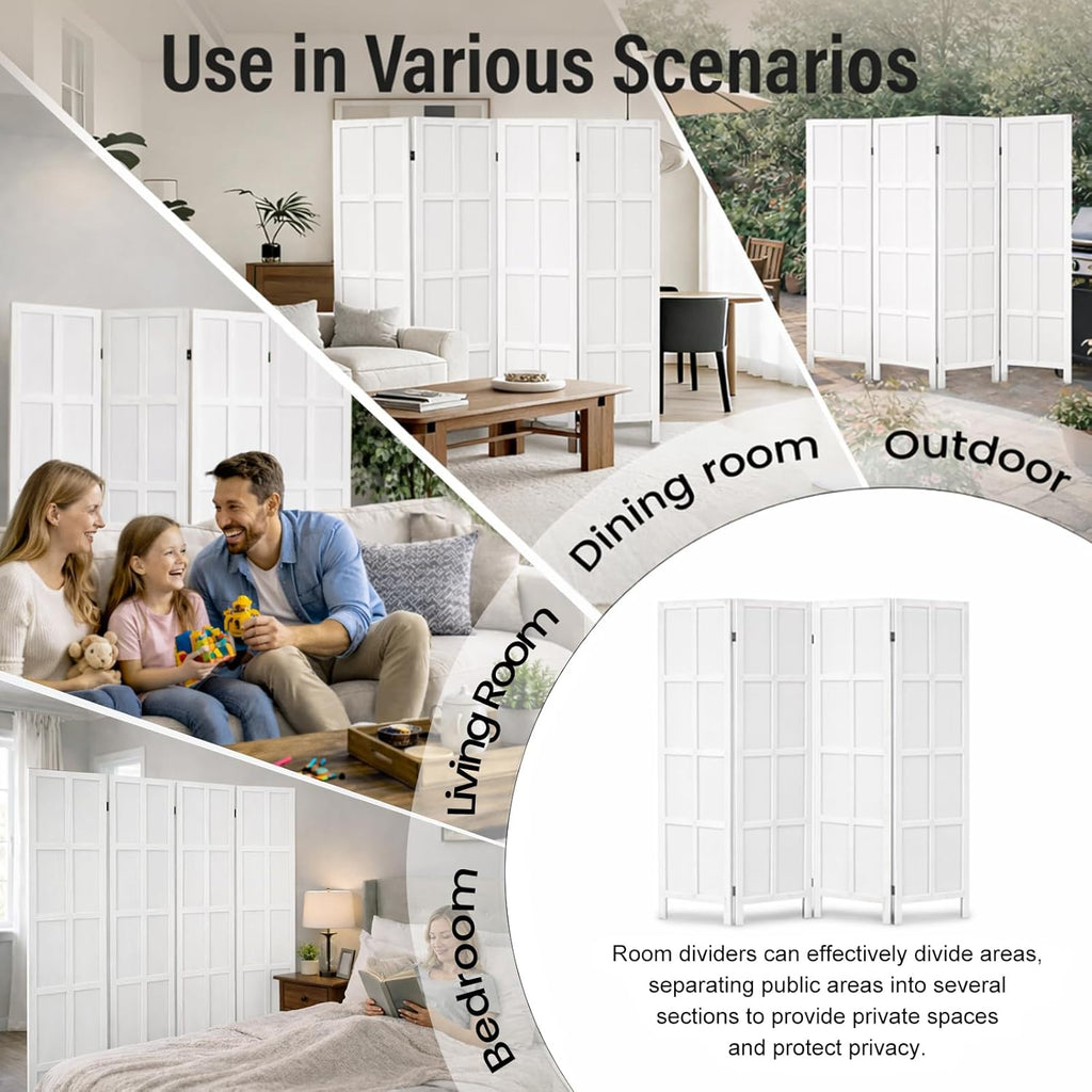 4 Panel Room Divider Folding Privacy Screen, 66.92″ Tall Solid Paulownia Wood Room Partition with 360° Hinges, Freestanding Wall Divider for Room Separation, Home, Bedroom, Office (White)