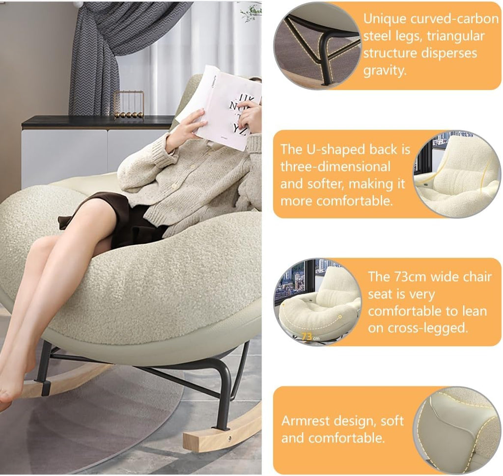 Modern Accent Rocking Chair with Armrests, Nursery Rocking Chairs with Ottoman, Upholstered Recliner Chair High Back, Ergonomic Design, Sled-Style Solid Wood Base, Wide Seat Surface for Bedroom(Khaki)