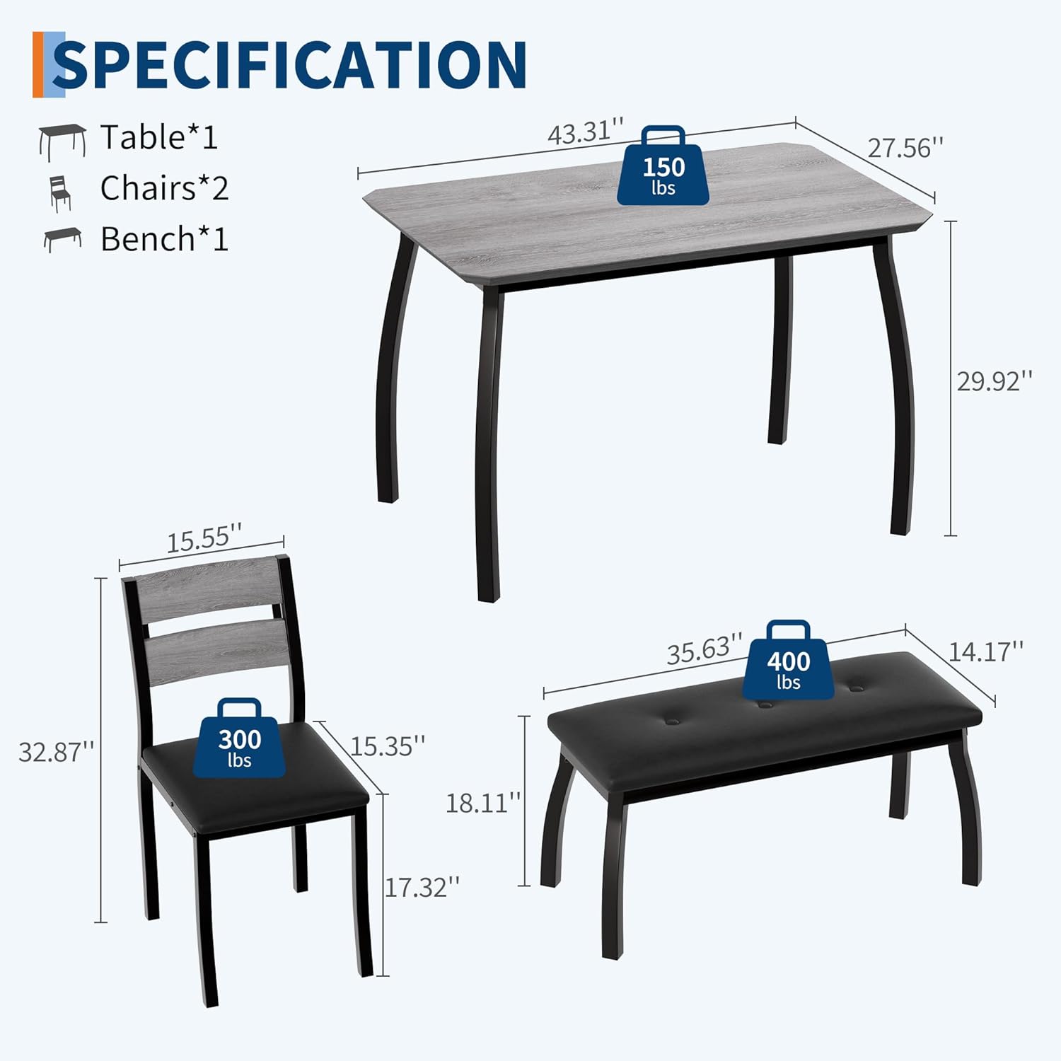 43" Dining Table Set for 4, Space Saving Kitchen Table with Upholstered Bench and 2 Chairs, Small Dining Table Set for 4, Modern Farmhouse Dinette Set for Small Dining Room, Gray