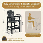 Tall Adirondack Bar Chair with Cup Holder, HDPE Outdoor Bar Height Chair with Armrests, All-Weather Poly Patio High Chair with Footrest for Balcony, Deck, Poolside, Backyard & Porch, Black