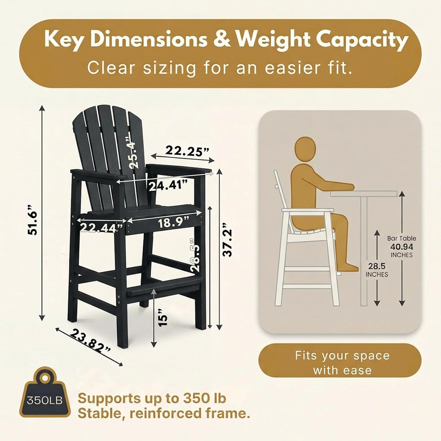 Tall Adirondack Bar Chair with Cup Holder, HDPE Outdoor Bar Height Chair with Armrests, All-Weather Poly Patio High Chair with Footrest for Balcony, Deck, Poolside, Backyard & Porch, Black