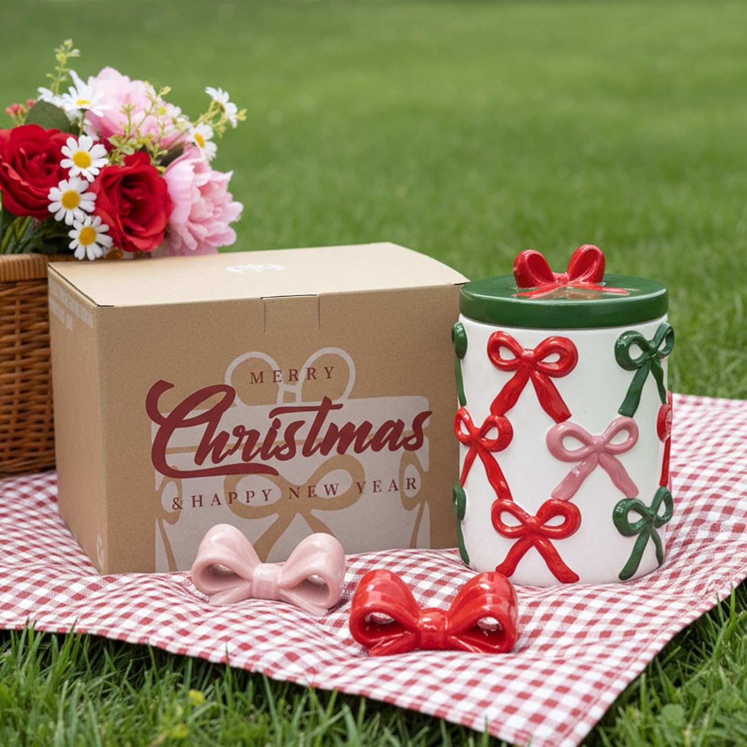 DIF DECO Christmas Ceramic Food Storage Jars with Lid, 56 OZ Xmas Hand-Painted Red and Green Bow Kitchen Containers for Coffee, Cookie, Snacks, Tea, Spice, Cereal, Nut, Flour