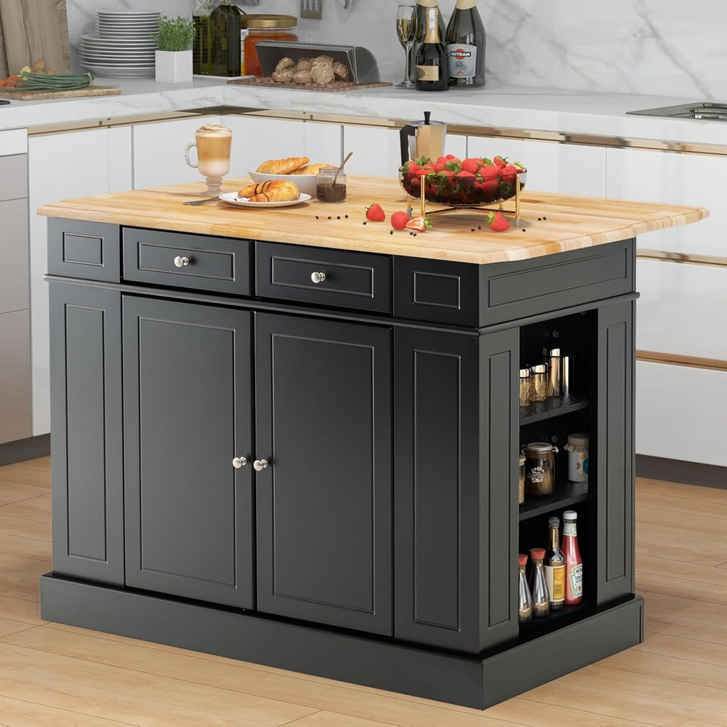 DORTALA Kitchen Island with Drop Leaf, Kitchen Island Table with Rubber Wood Butcher Block Countertop, 2 Drawers, Spice Racks & Adjustable Storage Cabinet, Coffee Bar Cabinet for Dining Room, Black