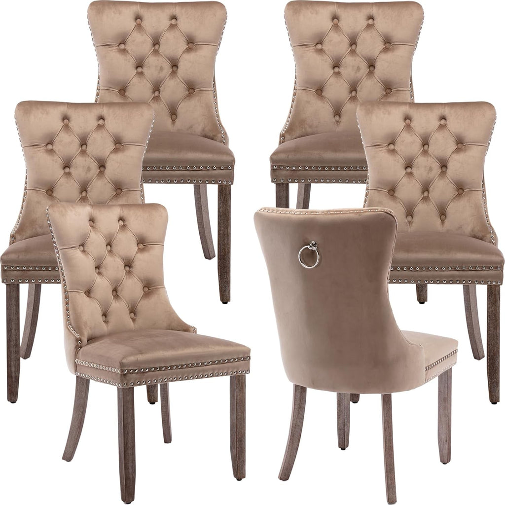 Espresso Brown Mid Century Modern Dining Chairs Set of 6, Velvet Upholstered Kitchen & Dining Room Chairs with Nailhead Trim & Solid Wood Legs, Elegant Sillas De Comedor (Coffee, 6 Pcs)