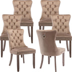 Espresso Brown Mid Century Modern Dining Chairs Set of 6, Velvet Upholstered Kitchen & Dining Room Chairs with Nailhead Trim & Solid Wood Legs, Elegant Sillas De Comedor (Coffee, 6 Pcs)