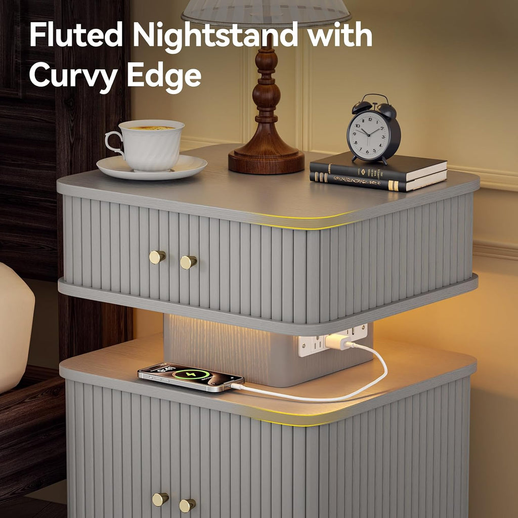 Nightstands Set of 2 with Charging Station, Modern Night Stands Set 2 with Smart Led Light and Small Sliding Door Cabinets, Curvy Edge, Bedside Table for Bedroom, Grey