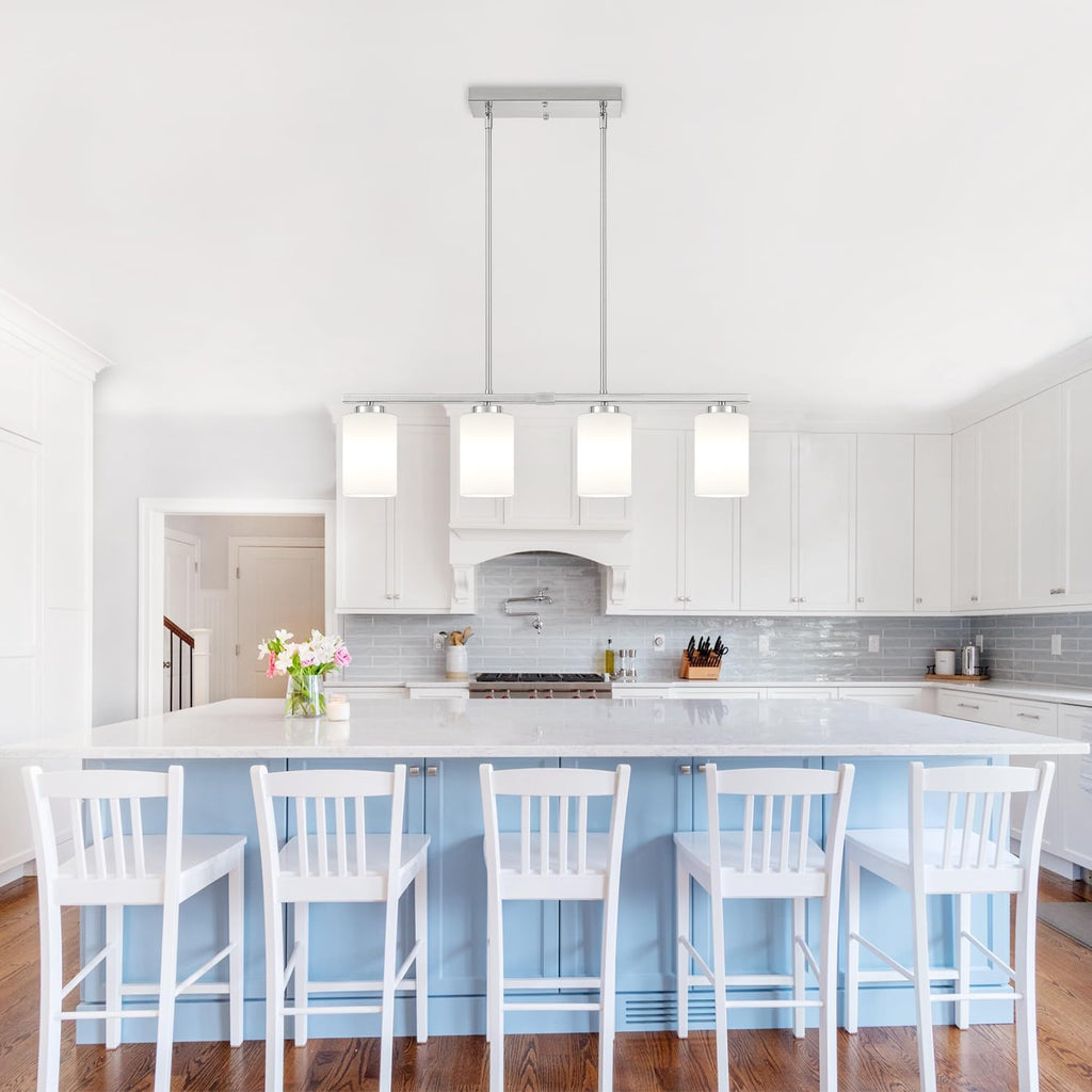 Modern Island Lights for Kitchen, Brushed Nickel Dining Room Light Fixtures, 4-Light Linear Chandeliers Over Table White Frosted Glass Kitchen Hanging Lights Pendant Lighting Over Island