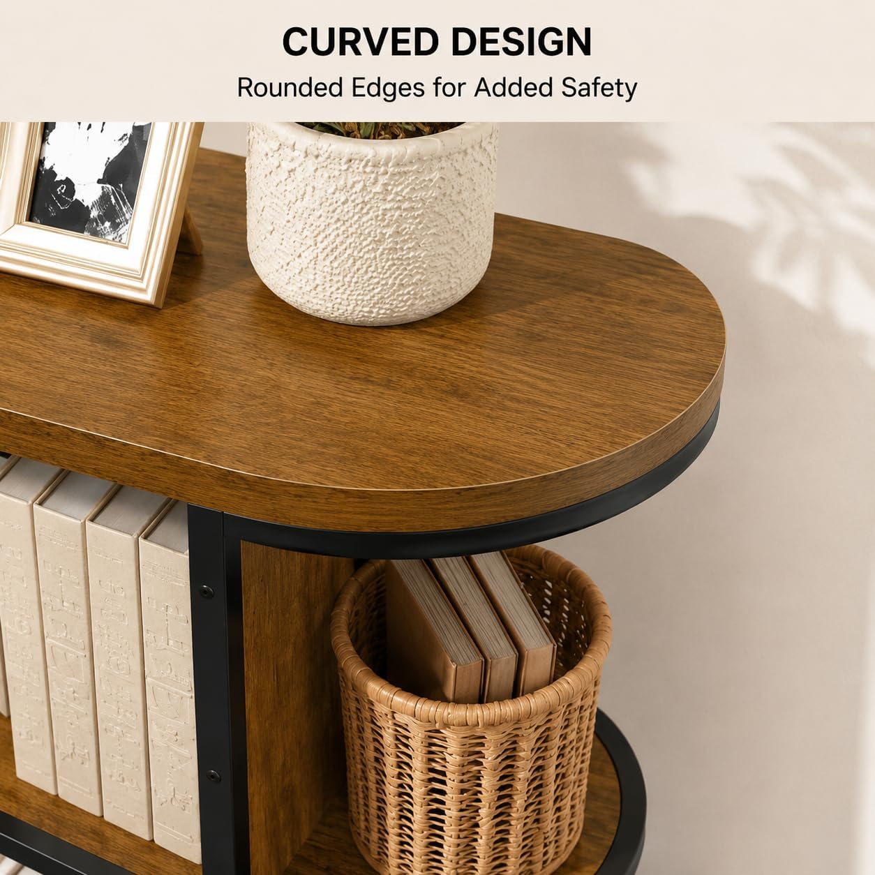 Gewudraw 39” Console Table with Storage, 3 Tier Entryway Table with Round Corners, Industrial Narrow Sofa Table Behind Couch for Living Room, Hallway, Entryway, Rustic Brown