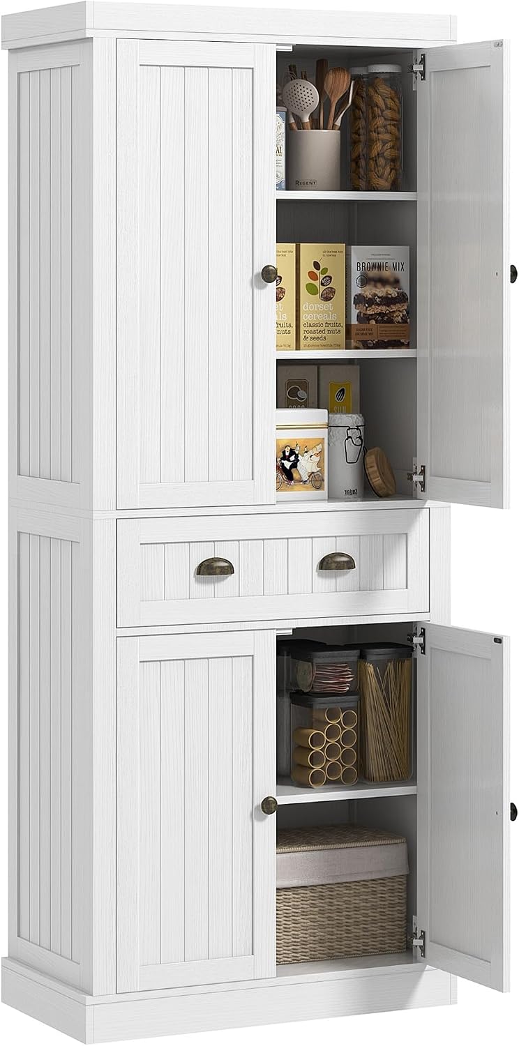 72" Farmhouse Kitchen Pantry Cabinet, Freestanding Tall Storage Cabinet with 4 Soft-Close Doors, 2 Adjustable Shelves and Drawer for Dining Room, Distressed White,15.8 * 30 * 72