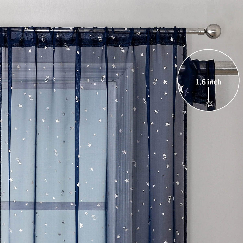 WUBODTI Navy Blue Voile Curtains 84 Inches Long 2 Panels, Rod Pocket Semi Sheer Kids Curtain for Boys Bedroom Living Room,Galaxy Starry Tulle Window Treatments Star Wars Room Decor