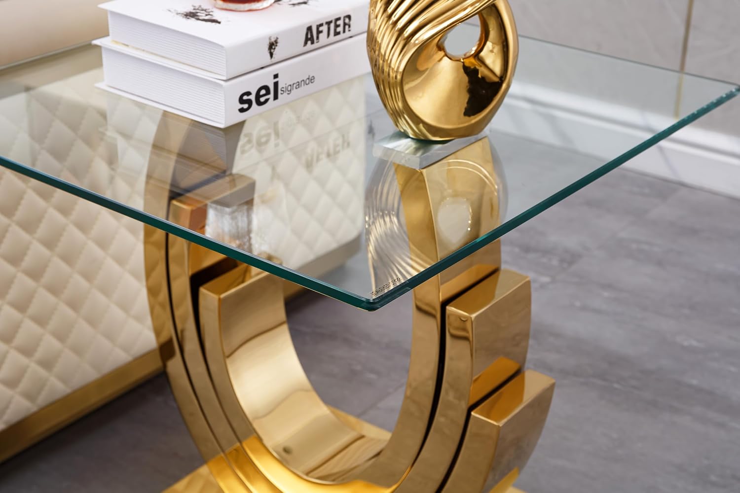 Modern Glass End Table, 22.8" Sofa Side Table with Gold Stainless Steel Frame and Clear Glass Top, Cocktail Tea Table, Square End Table Bedside Table Nightstand for Home Office