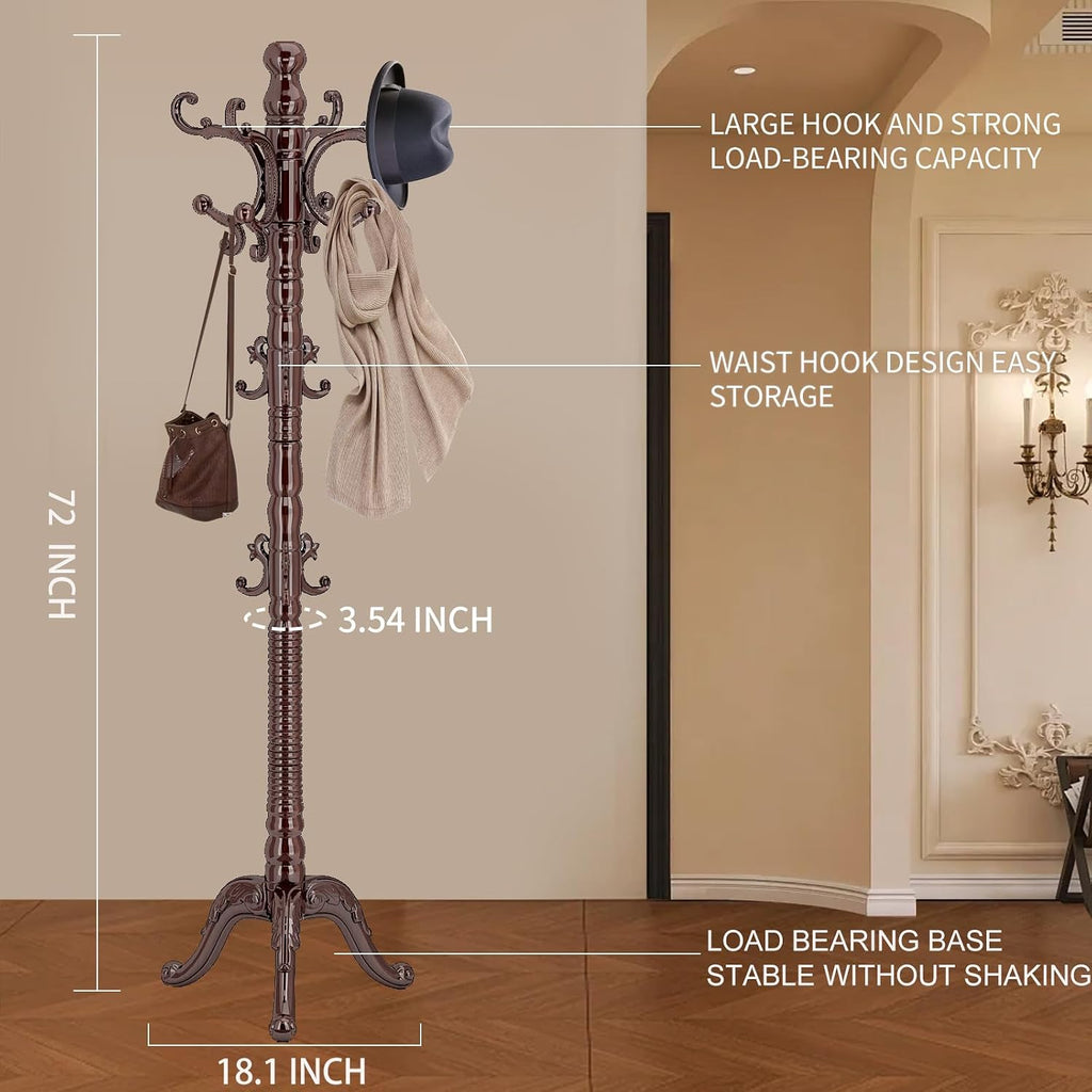 Wood Coat Rack Stand, Classic Wooden Coat Rack Freestanding with Sturdy Triangle Base, Vintage Coat Racks with 14 Hooks, Natural Birch Wood Entryway Corner Office Coat Hall Tree Hanger Stand