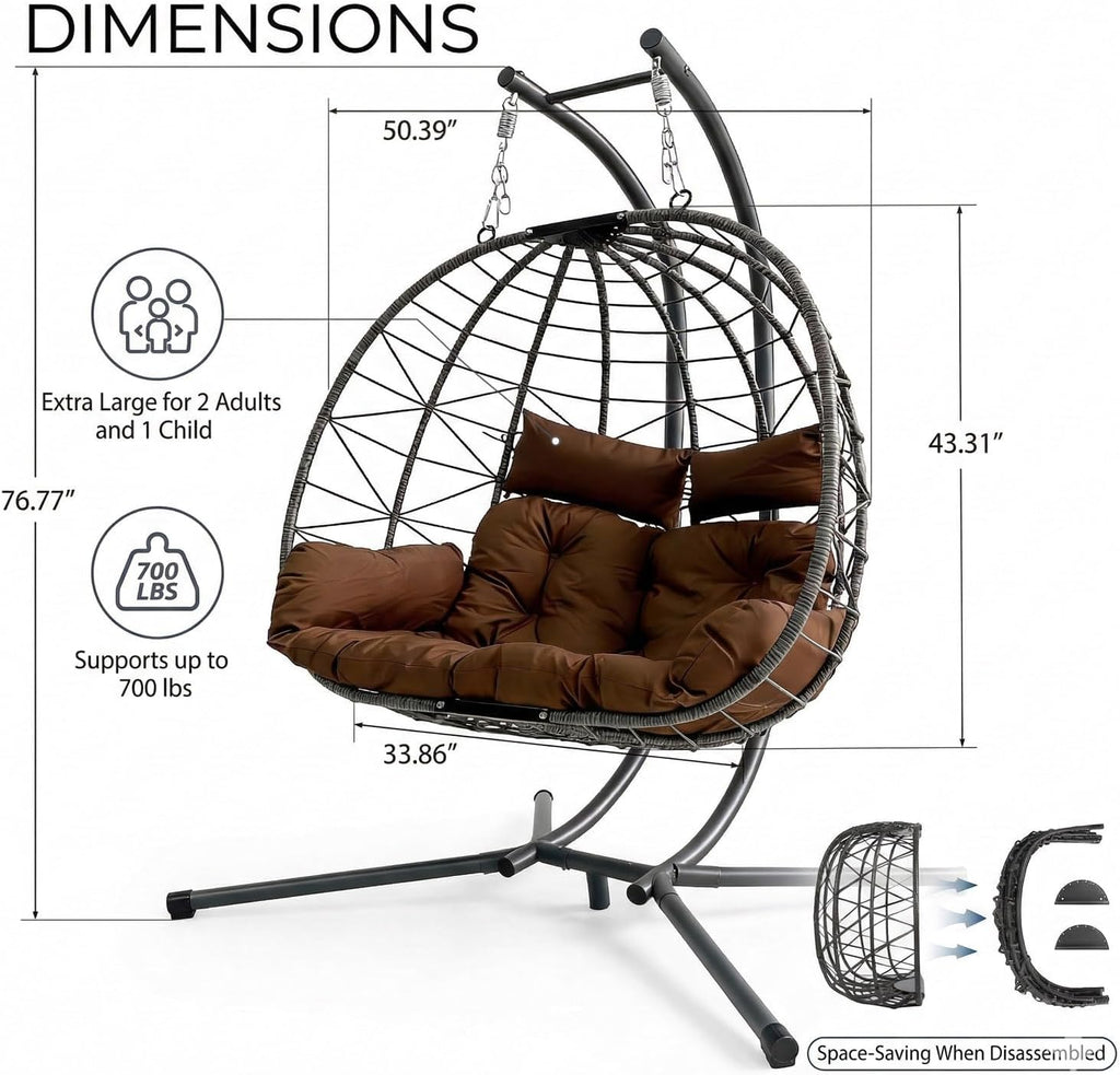 Wicker Double Hanging Egg Chair with Stasnd - Outdoor Porch Patio Swing Chair with Cushion for 2 Person, Rattan Hammock Chairs for Outside, Garden, Balcony (Brown)