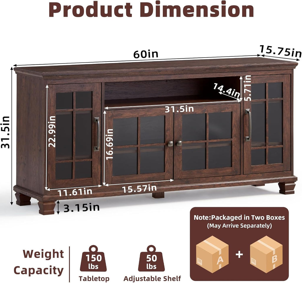 SAVOR LIFE Large Sideboard Buffet Cabinet with Storage,Vintage Walnut Farmhouse 60" Wide Sideboard Cabinets with Glass Doors & Wood Legs,Kitchen Coffee Bar Credenza for Dining Room, Living Room