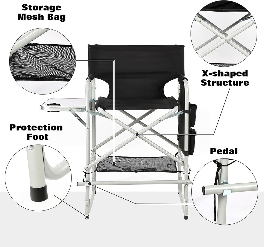 Makeup Chair for Makeup Artist 41'',Tall Directors Chairs Foldable with Side Table Cup Holder Storage Bag and Footrest, Folding Chair Makeup Chair for Clients 400lbs Capacity