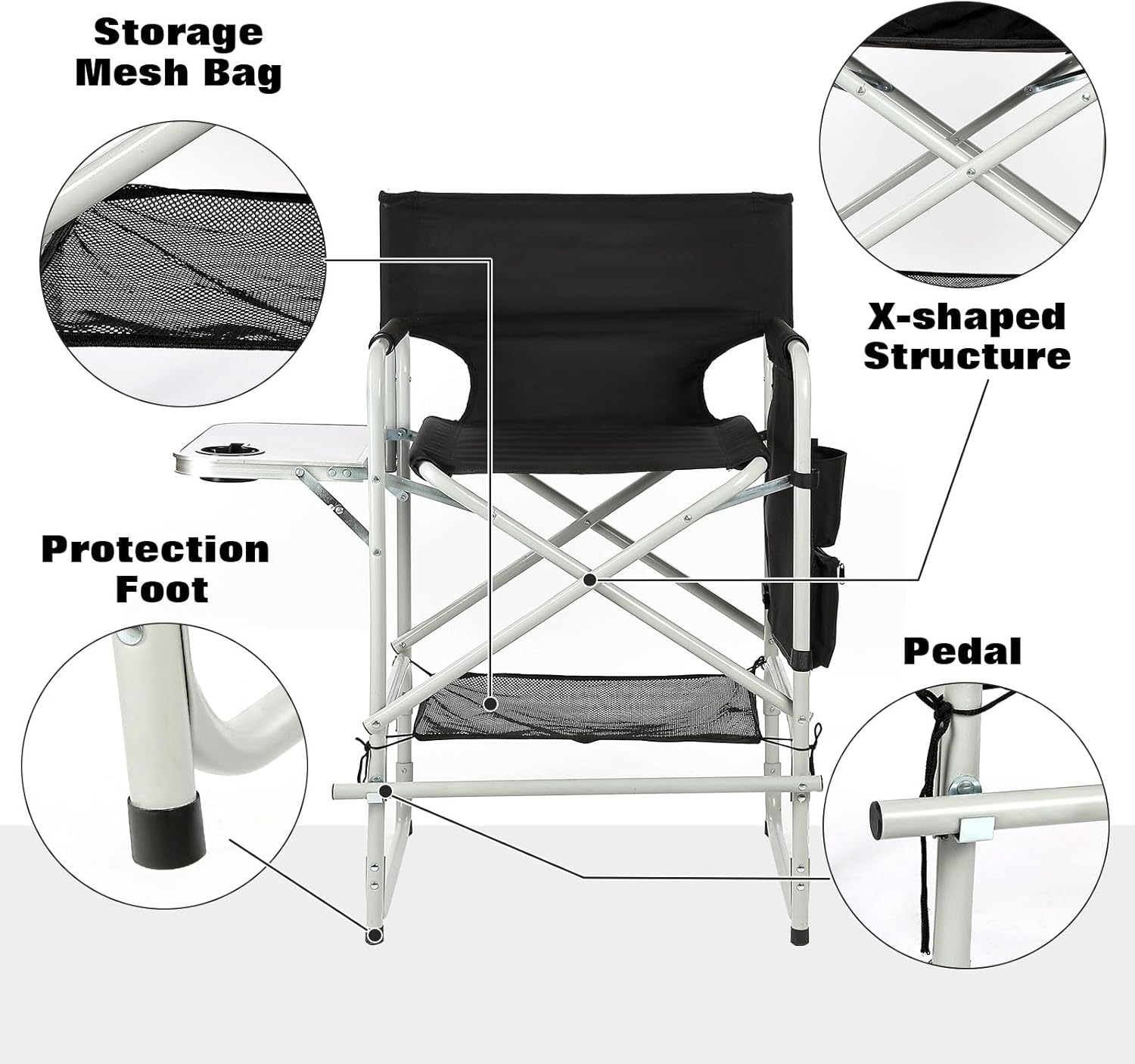 Makeup Chair for Makeup Artist 41'',Tall Directors Chairs Foldable with Side Table Cup Holder Storage Bag and Footrest, Folding Chair Makeup Chair for Clients 400lbs Capacity