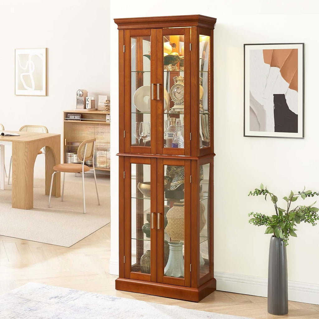 70"H Curio Cabinet,Curio Cabinet with Glass Doors,Wood Display with Adjustable Glass Shelves,Lighted Curios Cabinets,Vintage Accent Storage Cabinets with 6 Shelves,Curiocabinet for Living Room(Walnut)