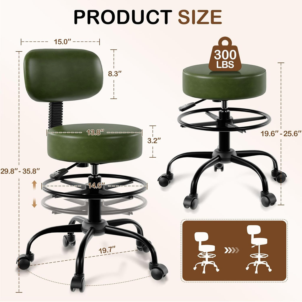 Drafting Chair with Back Support, Adjustable Foot Rest Rolling Stool, 360° Swivel Office Desk Chair with Wheels, Thick Seat Cushion for Home Bar Salon Tattoo Shop (1, Green)