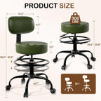 Drafting Chair with Back Support, Adjustable Foot Rest Rolling Stool, 360° Swivel Office Desk Chair with Wheels, Thick Seat Cushion for Home Bar Salon Tattoo Shop (1, Green)