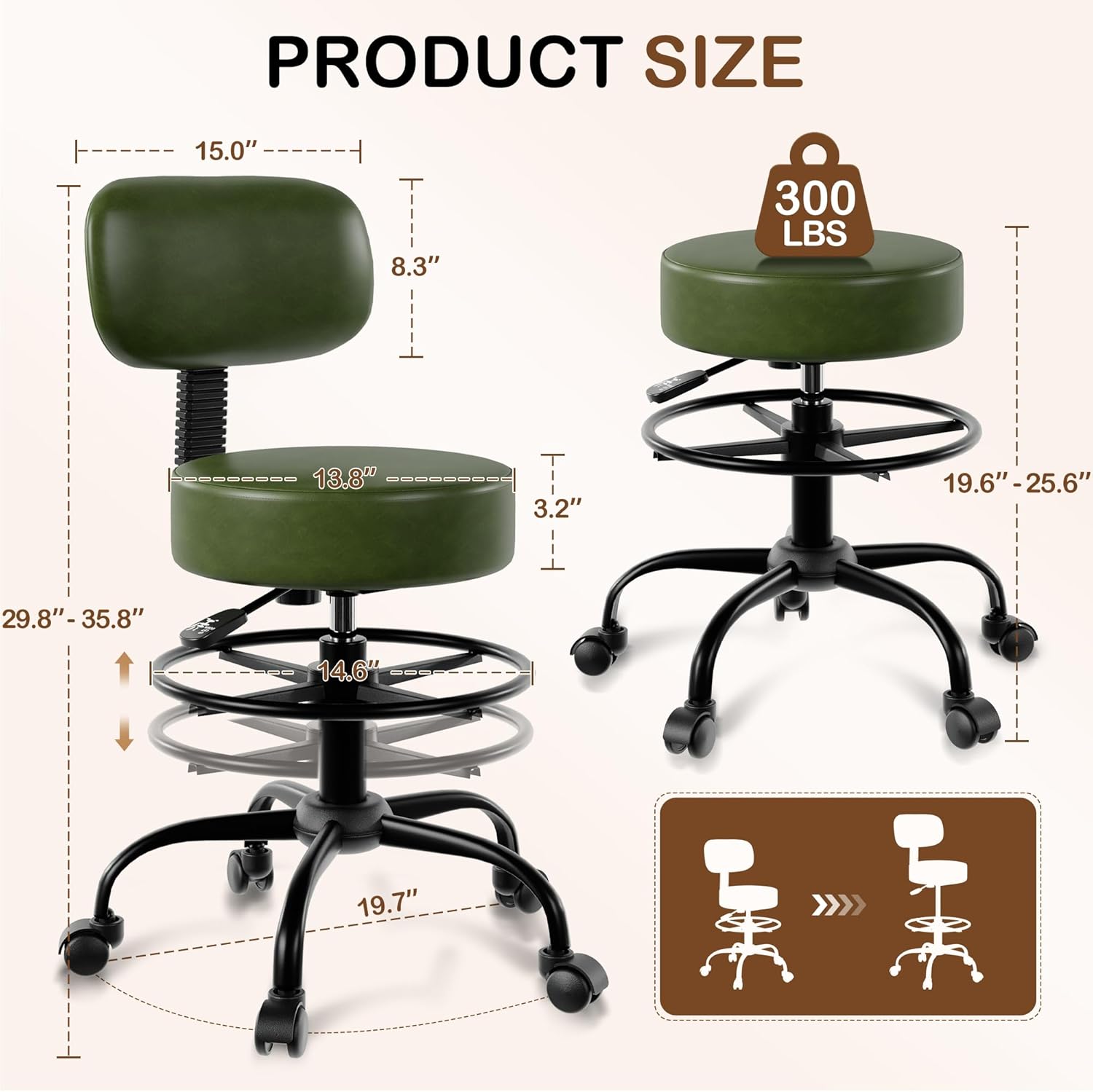 Drafting Chair with Back Support, Adjustable Foot Rest Rolling Stool, 360° Swivel Office Desk Chair with Wheels, Thick Seat Cushion for Home Bar Salon Tattoo Shop (1, Green)