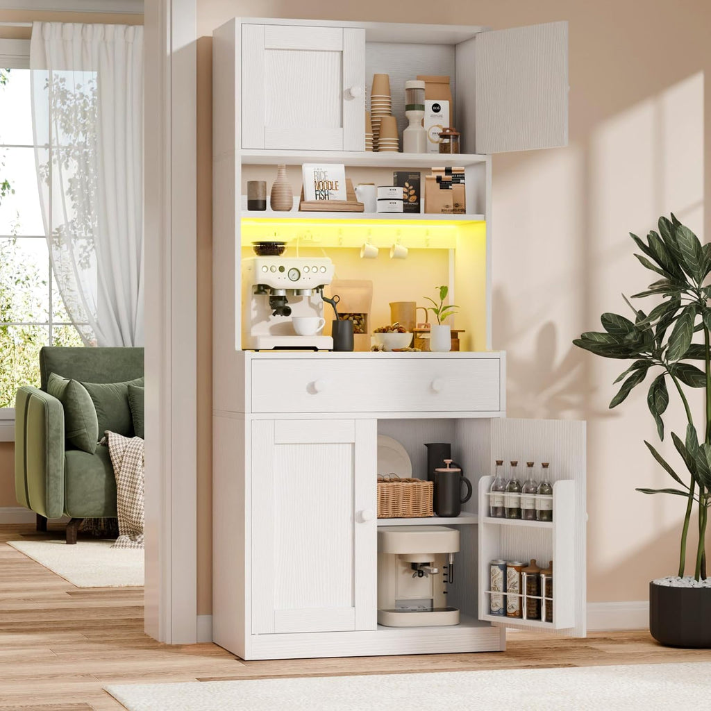 Korfile 71" Tall Kitchen Pantry Storage Cabinet with Power Outlet & LED Light, Freestanding Food Pantry Cabinet with 4 Doors and Shelves, Cupboard with Drawer, Hutch with Microwave Stand, White