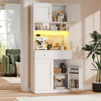 Korfile 71" Tall Kitchen Pantry Storage Cabinet with Power Outlet & LED Light, Freestanding Food Pantry Cabinet with 4 Doors and Shelves, Cupboard with Drawer, Hutch with Microwave Stand, White