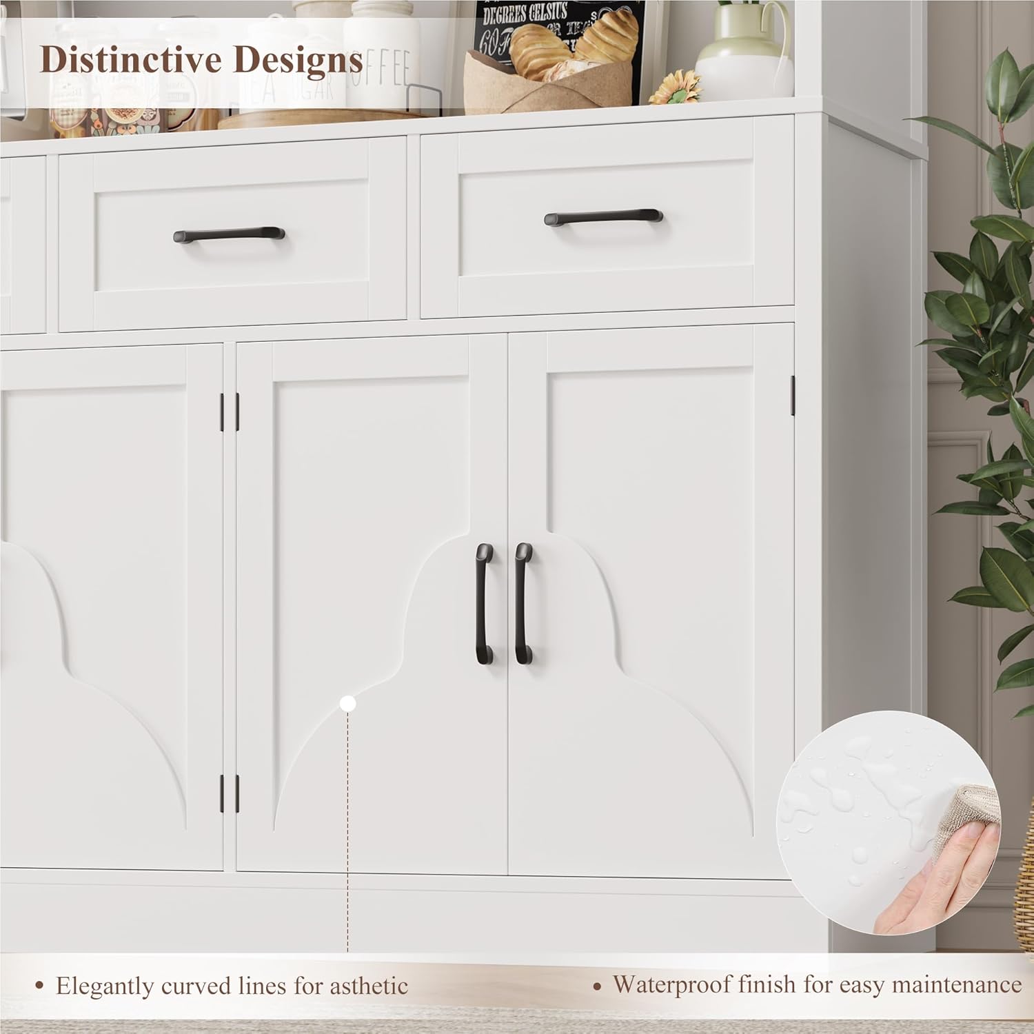 HITHOS 76" Tall Kitchen Pantry Storage Cabinet, 55“ Wide Kitchen Hutch Cabinet with Storage Drawers, Large Food Pantry with Microwave Stand, Modern Cupboard with Hutch for Dining Living Room, White