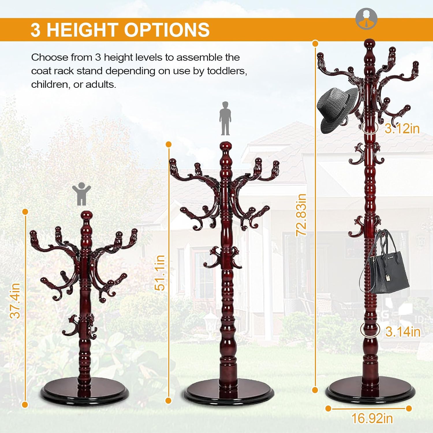 Wooden Coat Hanger Stand, Coat Rack Freestanding 18 Hooks, Mid Century Vintage Coat Tree for Entryway, Adjustable Height 73", Heavy Duty Coat stand for Home Bedroom, Office(Walnut)
