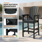 Tall Adirondack Bar Chair with Cup Holder, HDPE Outdoor Bar Height Chair with Armrests, All-Weather Poly Patio High Chair with Footrest for Balcony, Deck, Poolside, Backyard & Porch, Black