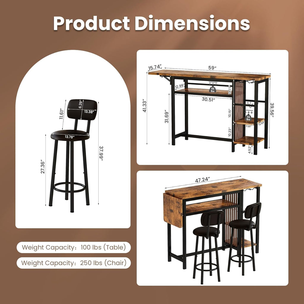 Recaceik Bar Dining Table Set, 59" Expandable Kitchen Counter Height Dining Table Set with Storage Shelves, Cup Holder & Wine Rack, PU Upholstered Stools Bar Table Set with Backrest for Kitchen