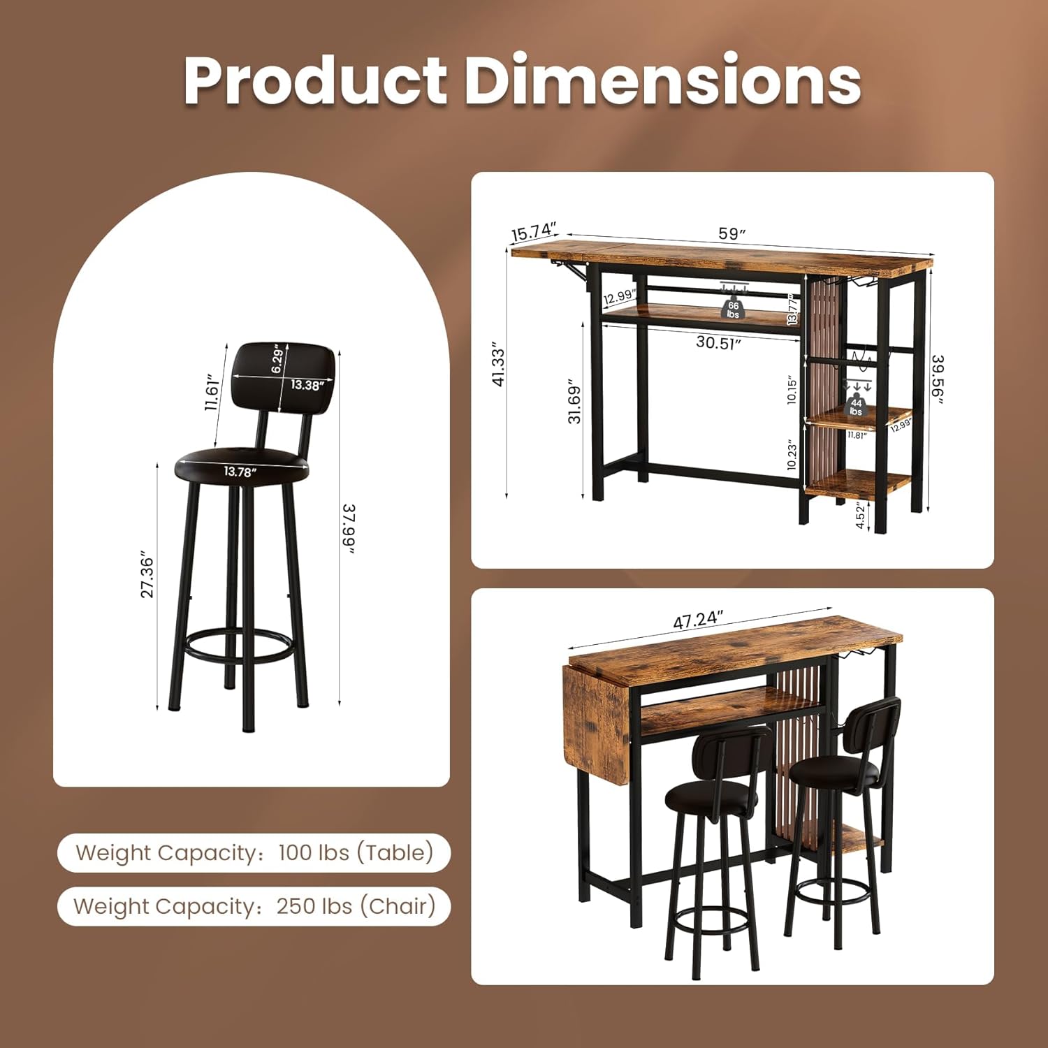Recaceik Bar Dining Table Set, 59" Expandable Kitchen Counter Height Dining Table Set with Storage Shelves, Cup Holder & Wine Rack, PU Upholstered Stools Bar Table Set with Backrest for Kitchen