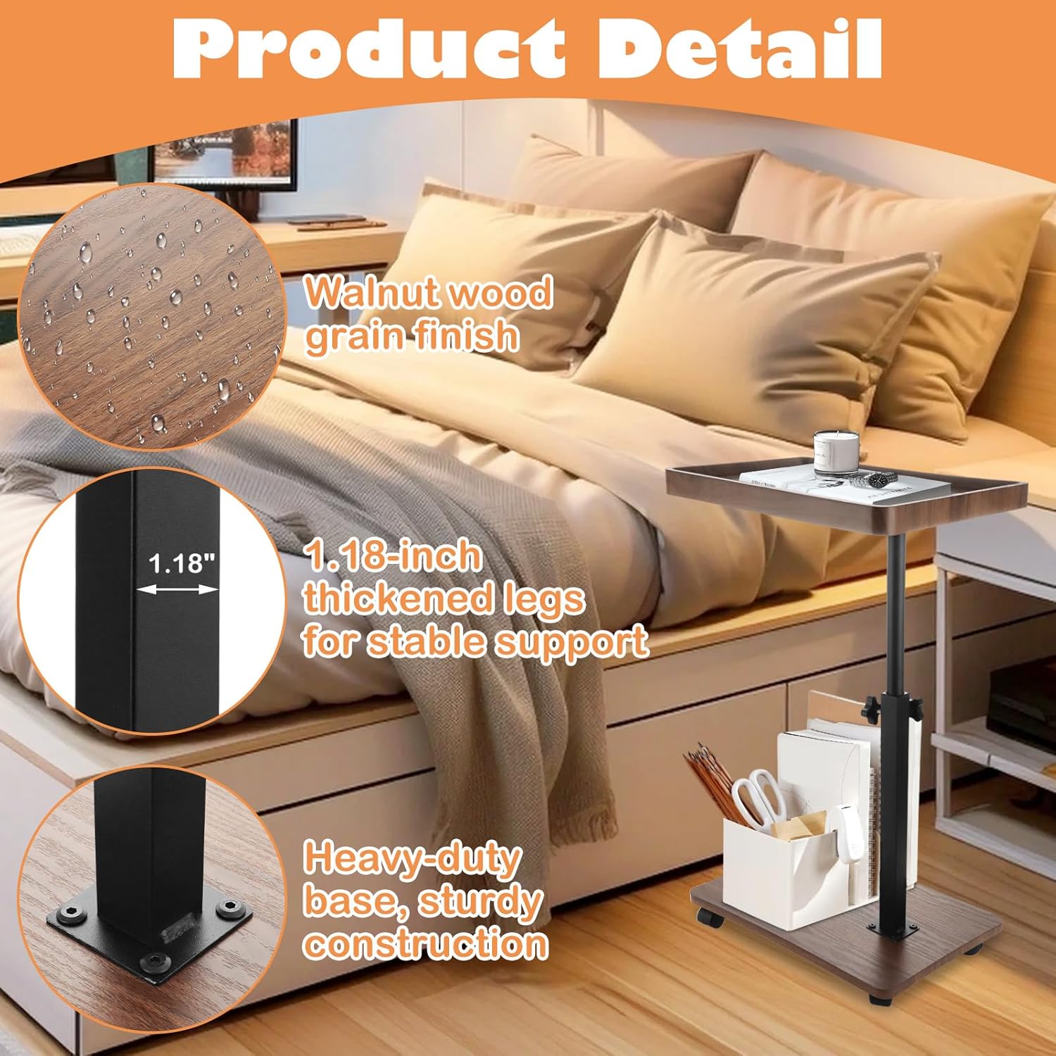 C Table End Table Adjustable Height, 360° Swivel Bed End Tables with Wheels, C Shaped Side Tables TV Tray Sofa Table for Small Spaces，Side Tables Living Room and Bedroom for Sofa, Bed,Chair