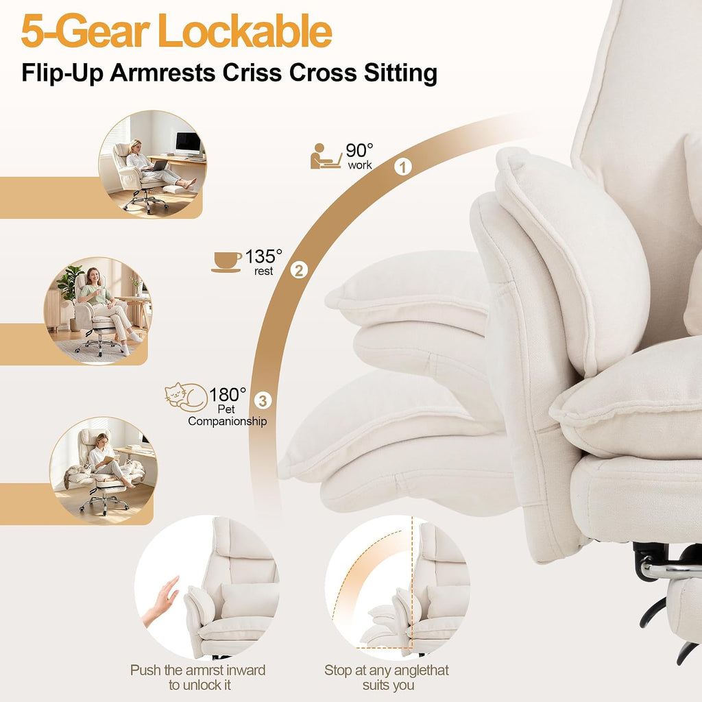 Office Chair with Flip Armrests & Foot Rest,Criss Cross Legged Home Office Desk Chair with Pet Seat,Ergonomic Reclining Computer Gaming Chair,High Back Executive Chair with Lumbar Pillow(White)