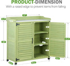 Outdoor Storage Cabinet & Potting Bench Table with Metal Work Top, Vented Louvered Doors, Wooden Patio Furniture, Garden Workstation, Green, 36x31x17in