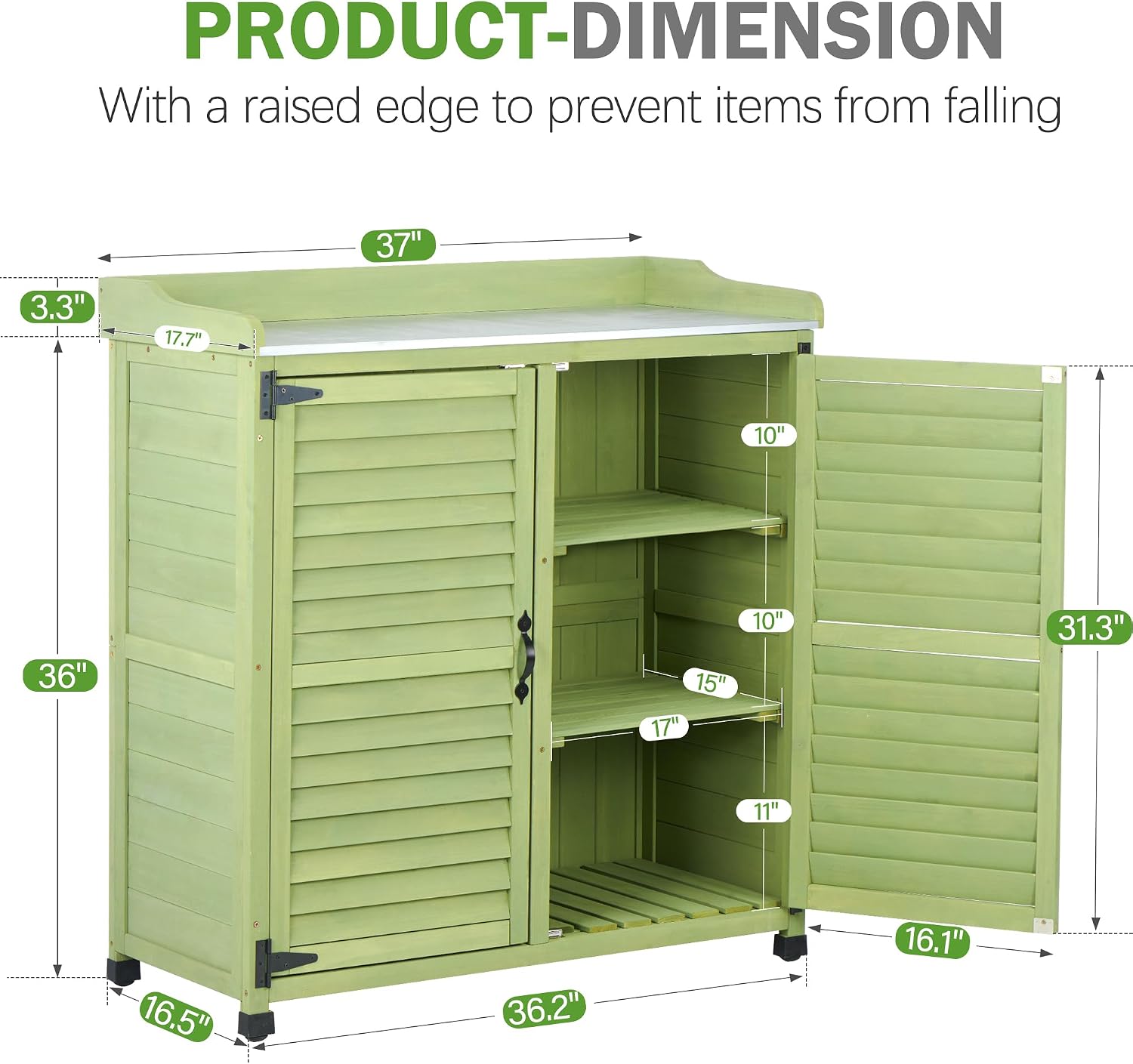 Outdoor Storage Cabinet & Potting Bench Table with Metal Work Top, Vented Louvered Doors, Wooden Patio Furniture, Garden Workstation, Green, 36x31x17in