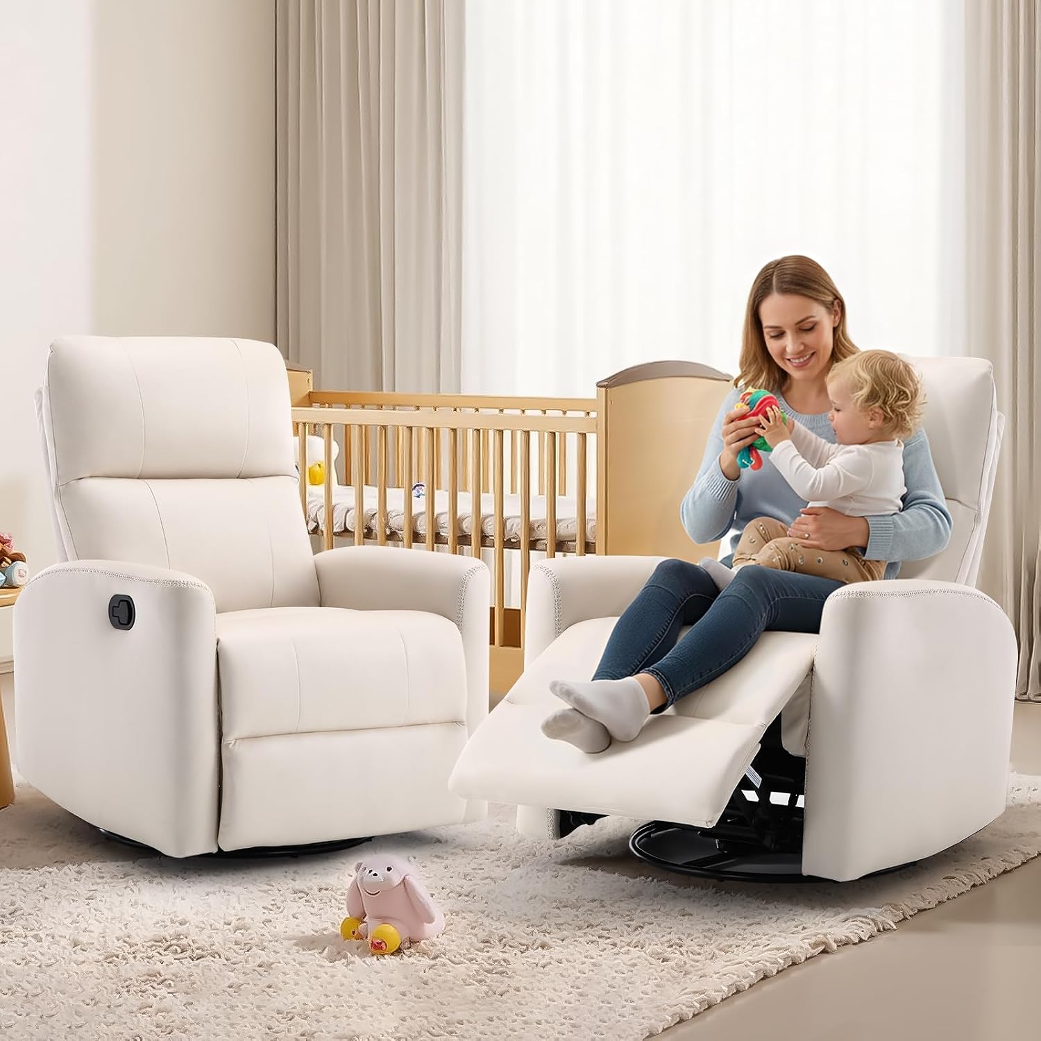 HAOMARKETS Swivel Rocker Recliner Chair Set of 2, Manual Faux Leather Glider Rocking Recliners for Adults, 360° Swivel Nursery Reclining Sofa with Padded Backrest for Living Room, White