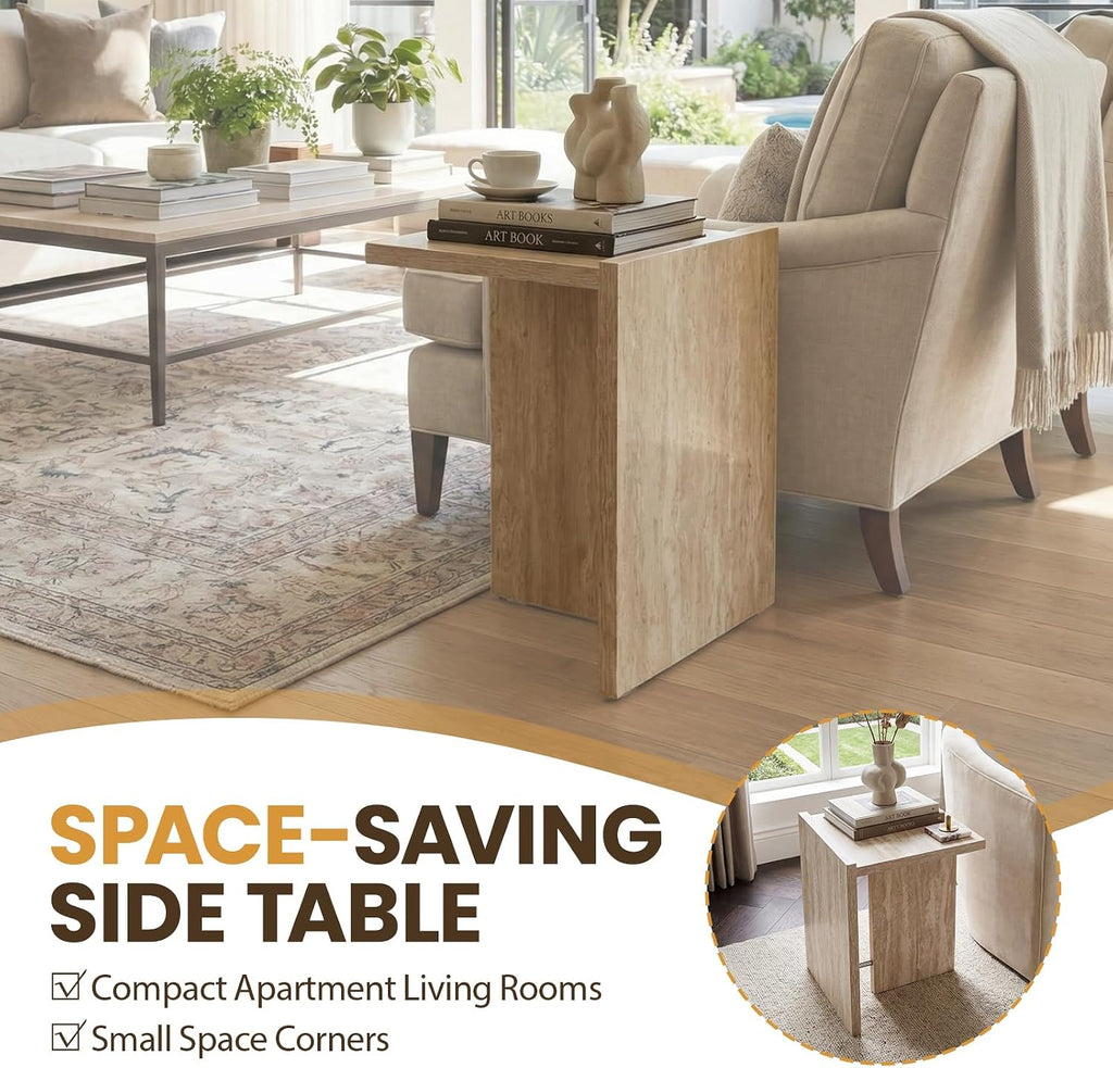Hyfirm Faux Travertine Side Table for Living Room: Modern Sofa Couch End Table with Silver Metal Support Bar Small Accent Table for Bedroom Night Stand Bathroom Small Spaces (Natural Beige)