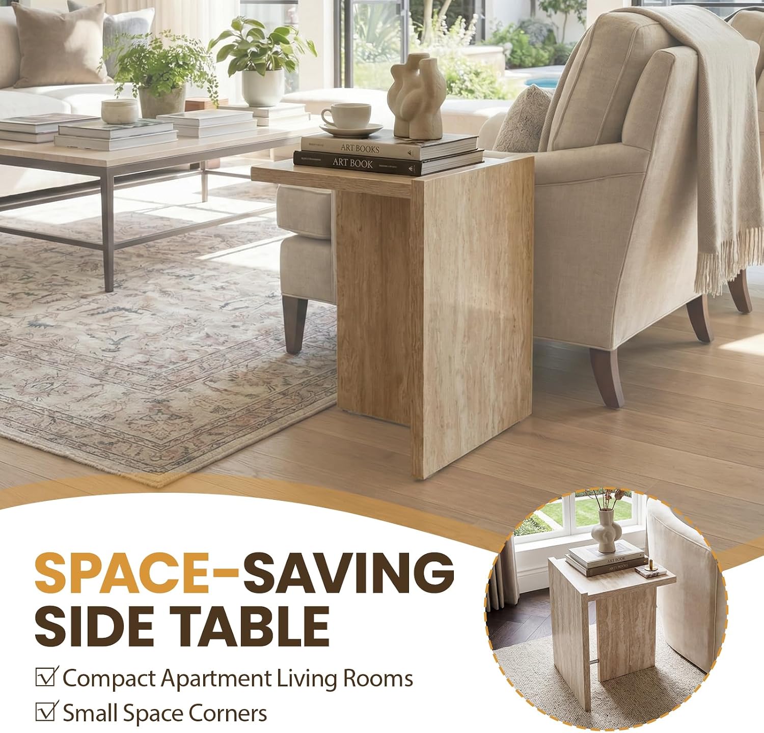 Hyfirm Faux Travertine Side Table for Living Room: Modern Sofa Couch End Table with Silver Metal Support Bar Small Accent Table for Bedroom Night Stand Bathroom Small Spaces (Natural Beige)