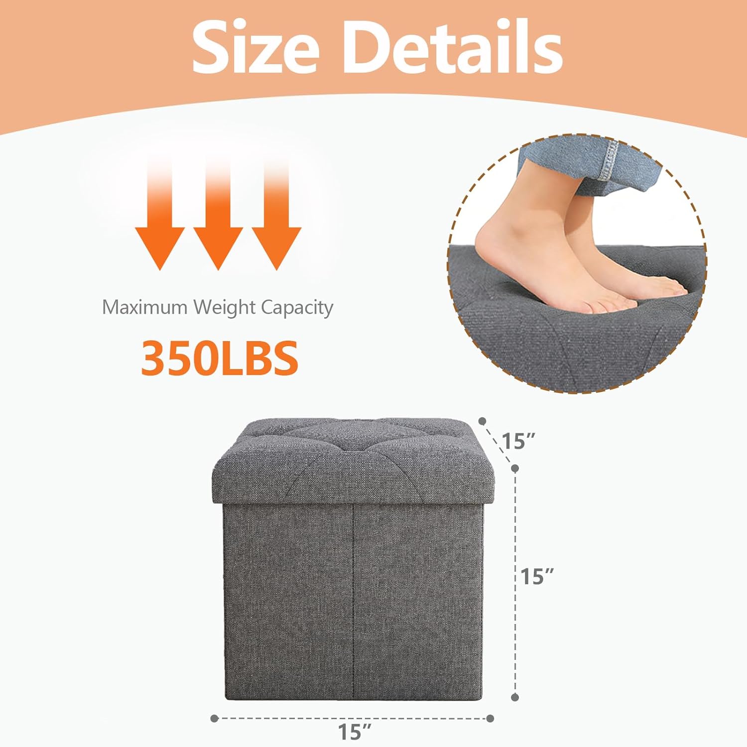 Storage Ottoman Footrest Stool Small Ottoman with Storage,35 Inches Foldable Ottomans Foot Rest Footstool Bench Ottoman with Storage Bench for Living Room Bedroom Dark Grey（15Wx15Dx15H