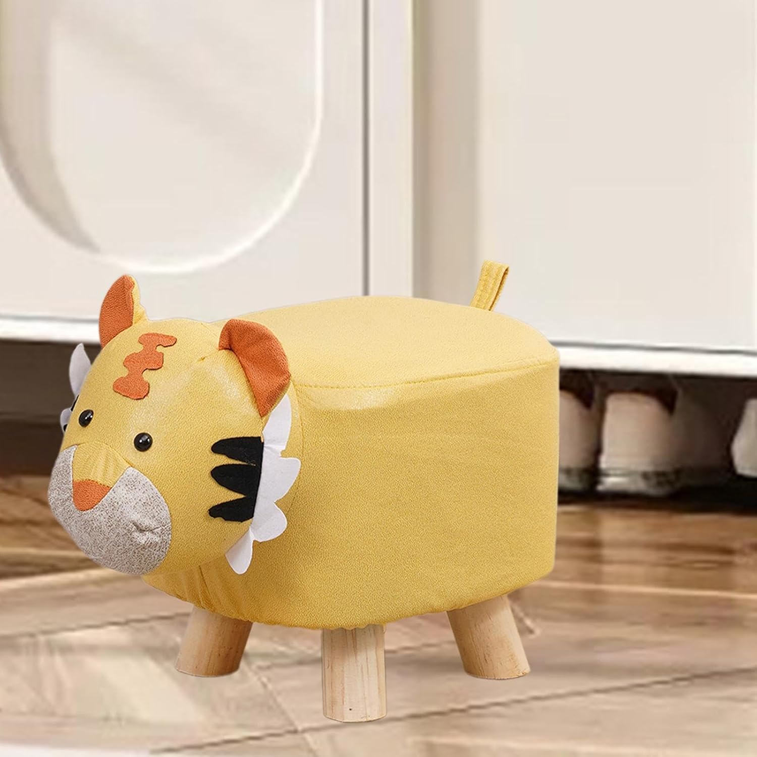 Cartoon Footstool Ottoman Animal Shaped Kids Stool Foot Stool Wooden Feet Cloth Fabric Comfortable Seating Suitable for Children Room Bedroom Nur, Yellow Tiger
