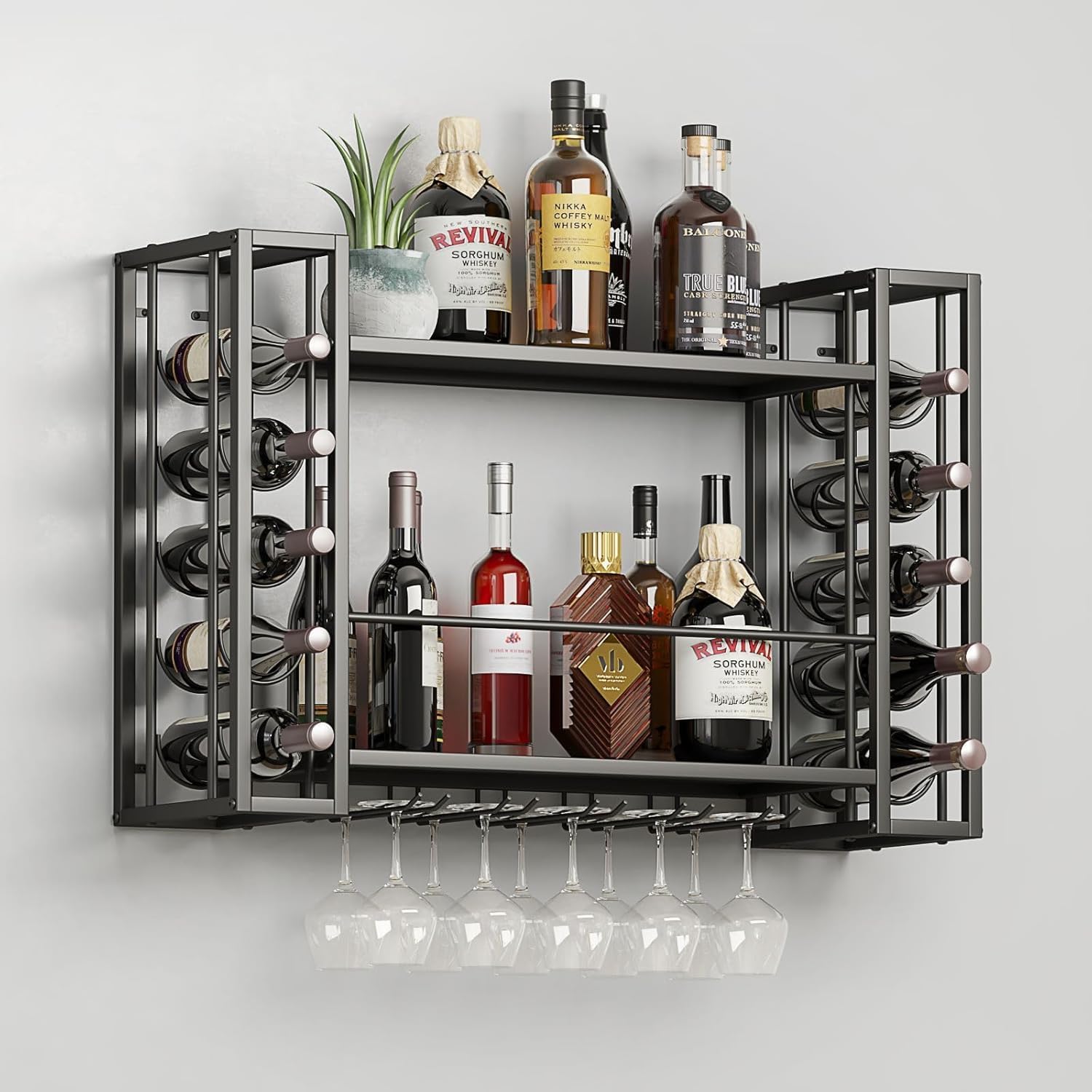 Wall Mounted Wine Rack, Wine Rack Wall Mounted with Wine Glass Rack, 2-Tier Multi-Functional Shelf for Home Restaurant Bar Storage Rack (Black, 40" W x 9.8" D x 21.6" H)