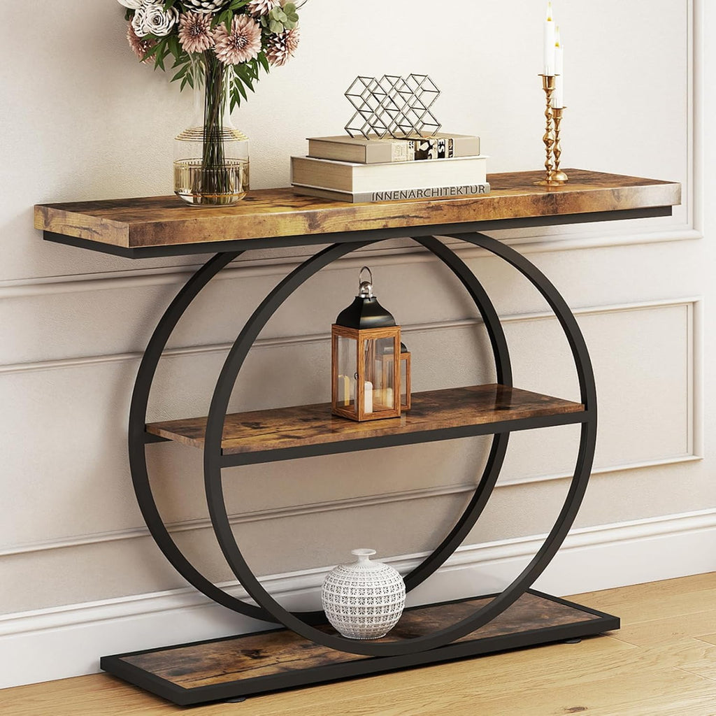 Arbuxzuy 41.3 Entryway Table, Industrial 3-Tier Narrow Console Table, Round Frame Foyer Table for Living Room, Hallway, Wood Accent Tables with Storage Shelves Brown & Black(Lagre)