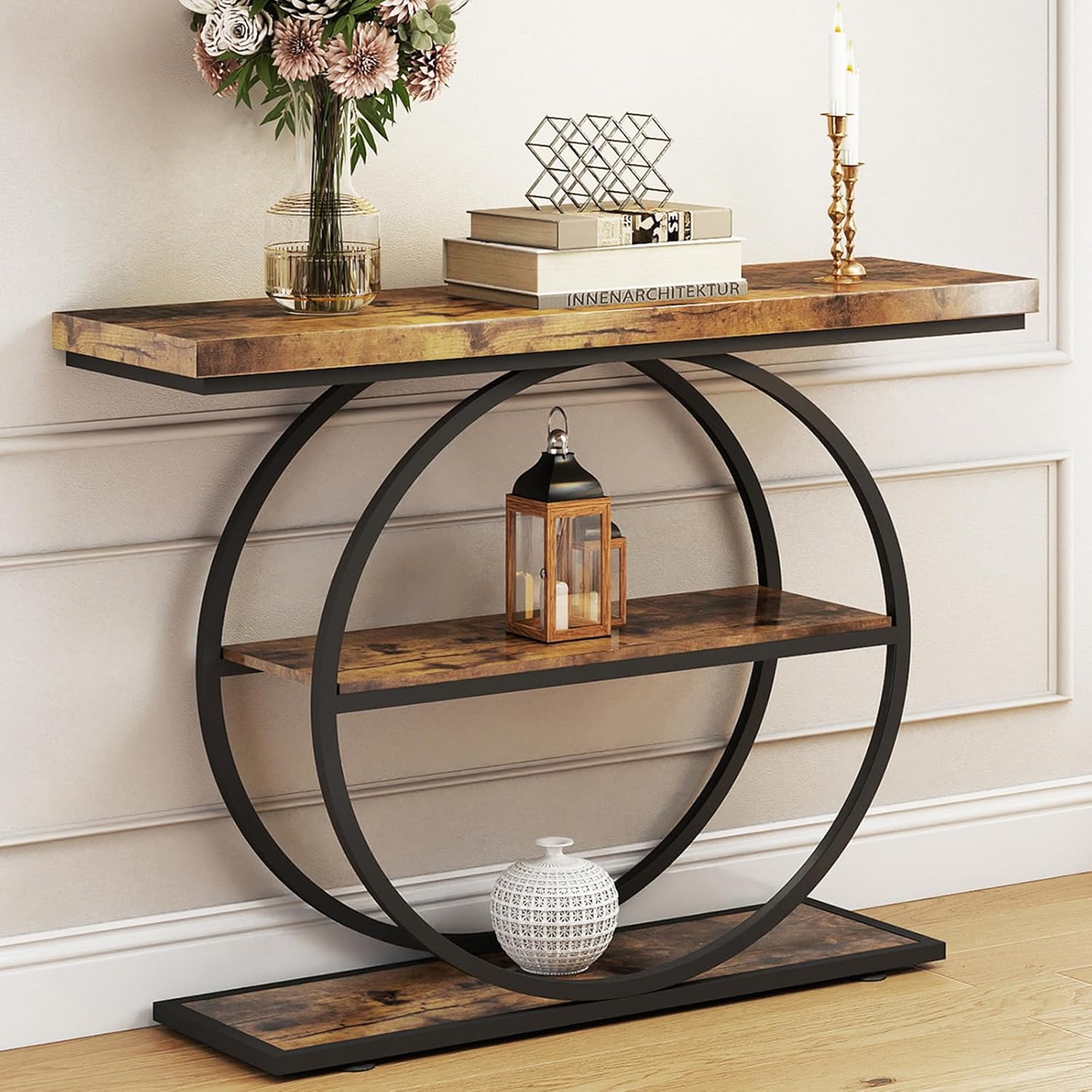 Arbuxzuy 41.3 Entryway Table, Industrial 3-Tier Narrow Console Table, Round Frame Foyer Table for Living Room, Hallway, Wood Accent Tables with Storage Shelves Brown & Black(Lagre)