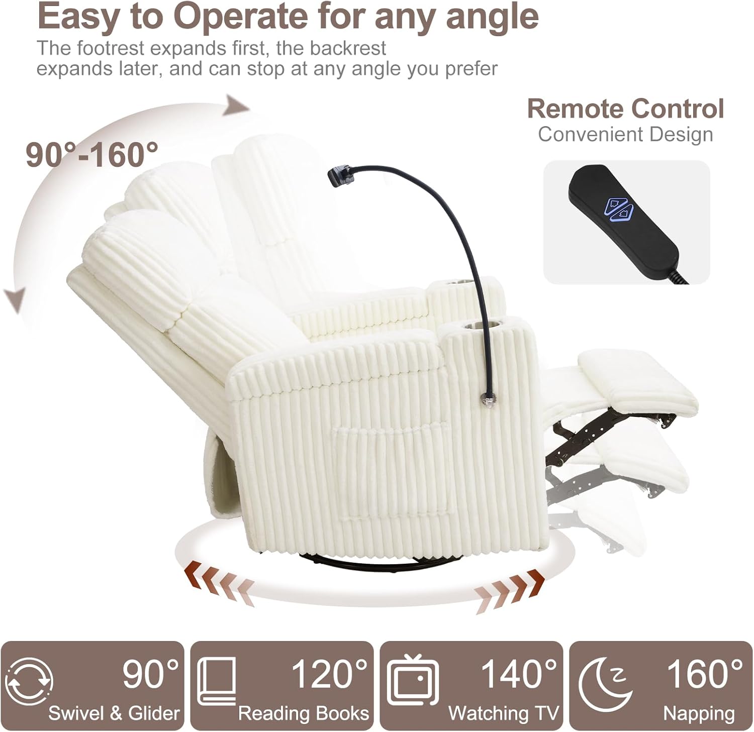 ABCASA Power Recliner Rocking Chair Nursery Glider, Swivel Reclining Nursery Rockers for Baby Room & Living Room, Corduroy Chair with Phone Holder, USB/Type-C Ports, Arm Storage, White