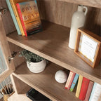 Pemberly Row Engineered Wood Library Hutch, Brushed Oak Finish, 42.17 in H x 31.5 in W x 17.68 in D, Adjustable Shelves, Cord Management, Safety Glass Doors, Home Office or Study Storage Unit
