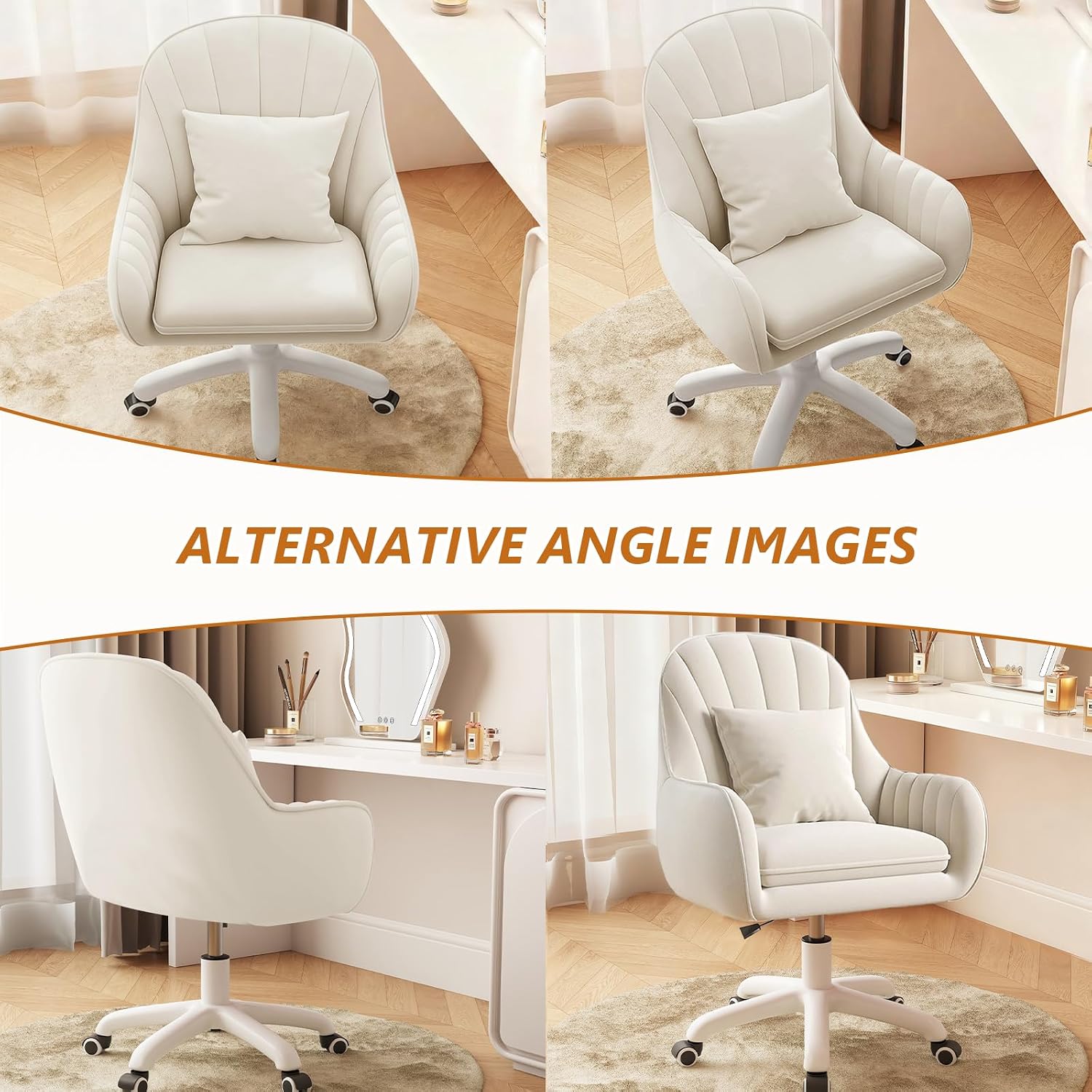 JPBSTO Upholstered Desk Chair with Pillow Swivel Rolling Accent Chair for Women Girls, Adjustable Height Vanity Chair with Wheels for Living Room, Home Office, Cream