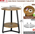 Round Side Table, 2-Tier Small End Table with Storage Shelf, Ultra Stable Coffee End Table/Nightstand, Modern Farmhouse Couch Table for Living Room, Bedroom, Bedside Stand or Small Spaces, Brown