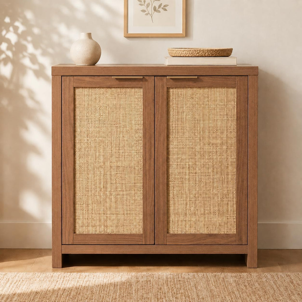 OAKHAM HOME Rattan Sideboard Cabinet with Storage, Buffet Cabinet with 2 Soft-Close Doors, Adjustable Shelves and 110 lbs Top, Storage Cabinet for Living Room, Kitchen, Entryway, Brown